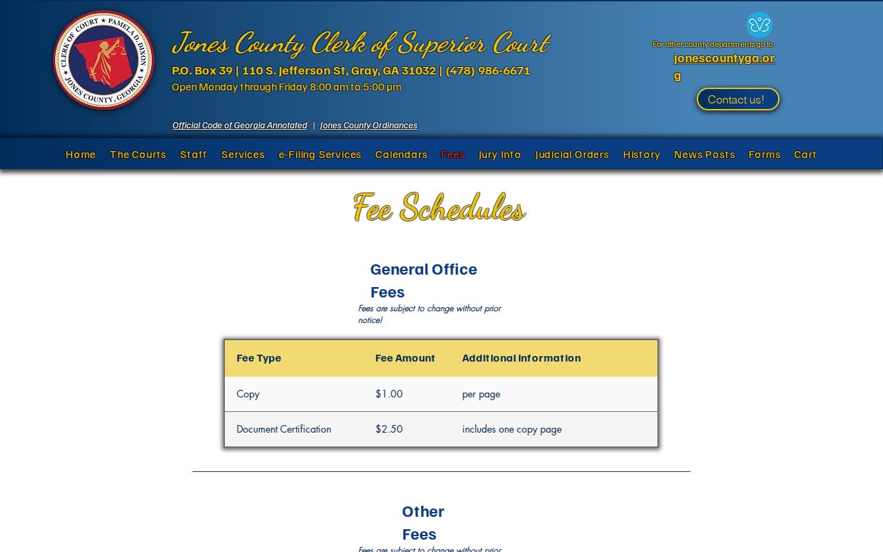 Jones County warrant check source showing the clerk fee schedule